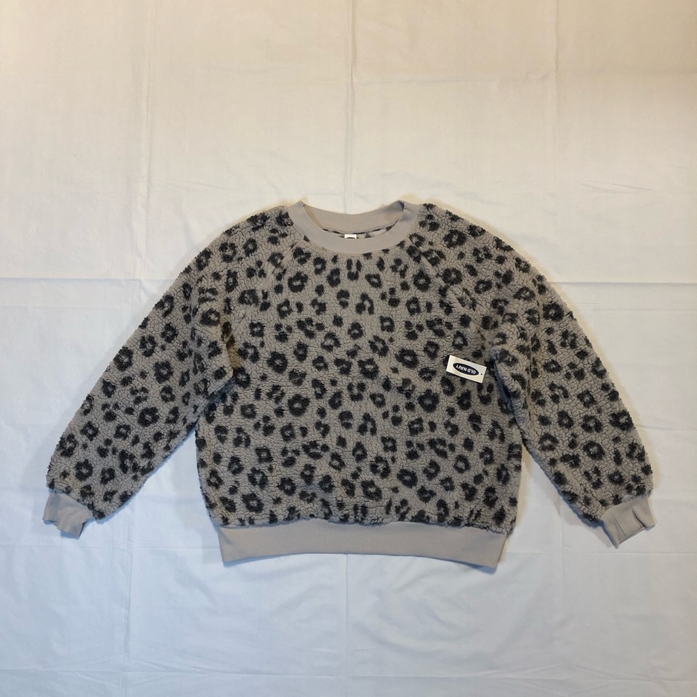 NWT Old Navy Women’s Long Sleeve Leopard Print Fleece Sherpa Gray Sweatshirt S